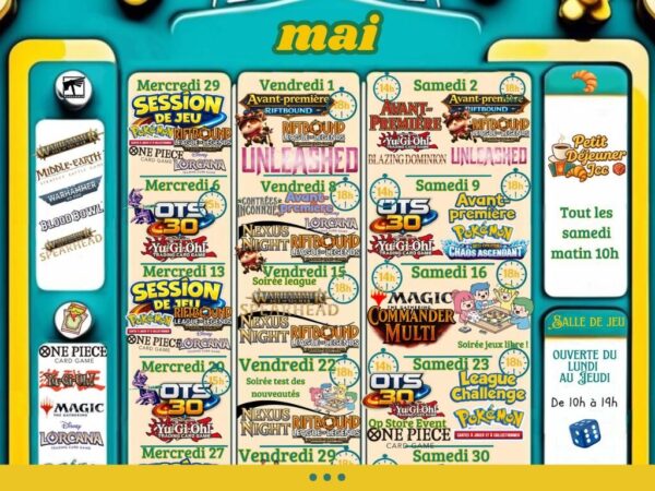Découvrez le calendrier de la salle de jeu de l'Instant ludique pour le mois de Mai !